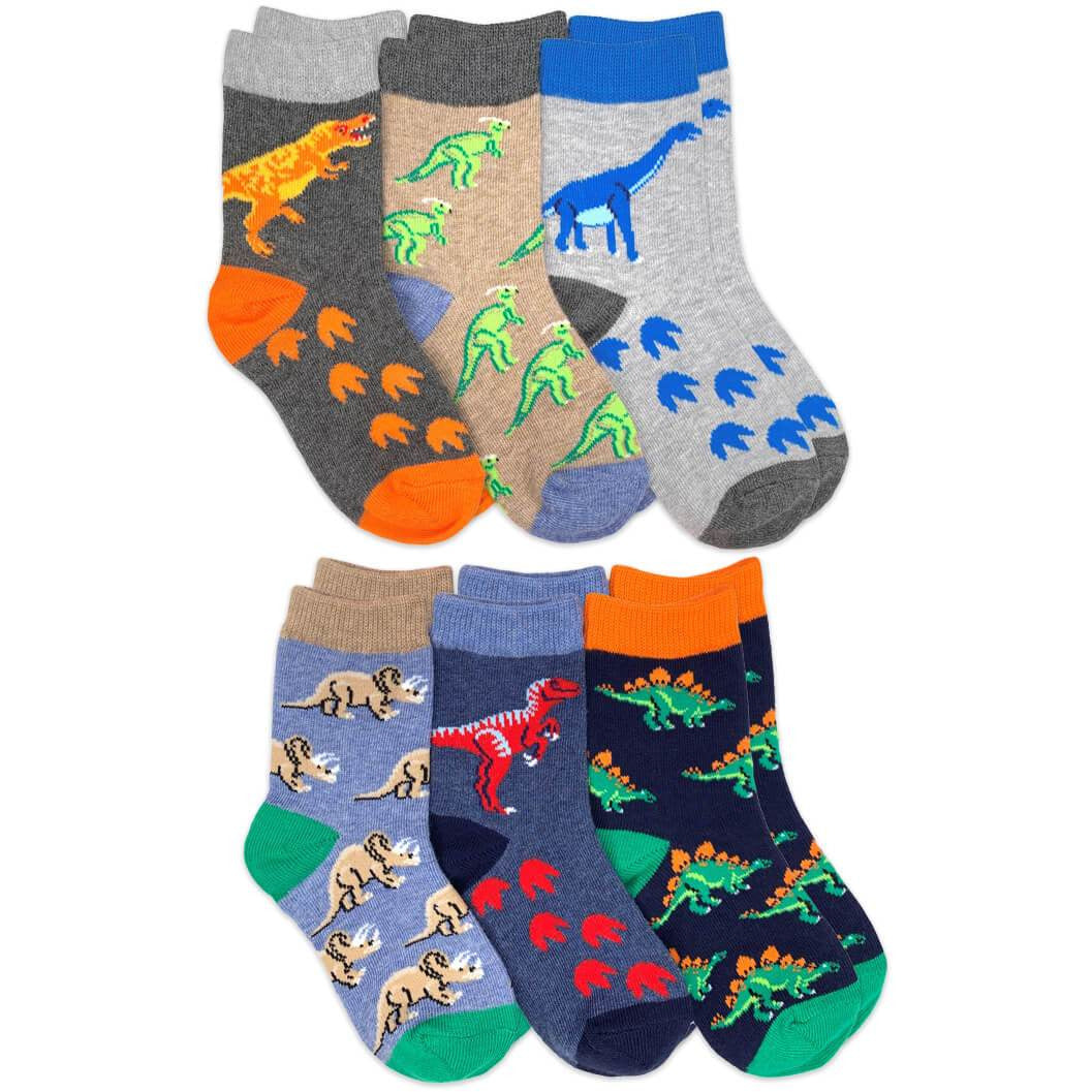Boys Crew Socks - Dinosaur Pattern 6pk