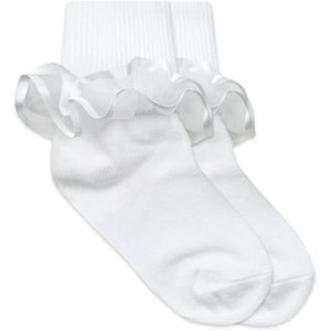 Girls Satin Trim Lace Sock - White
