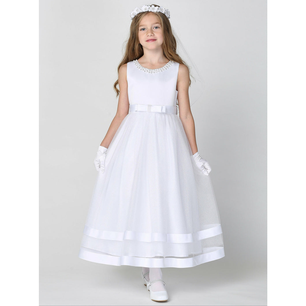 Satin and Sparkle Tulle Dress with Pearl Neckline