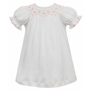 Annamae Bishop Dress- White Knit w/ Pink Geometric Smocking