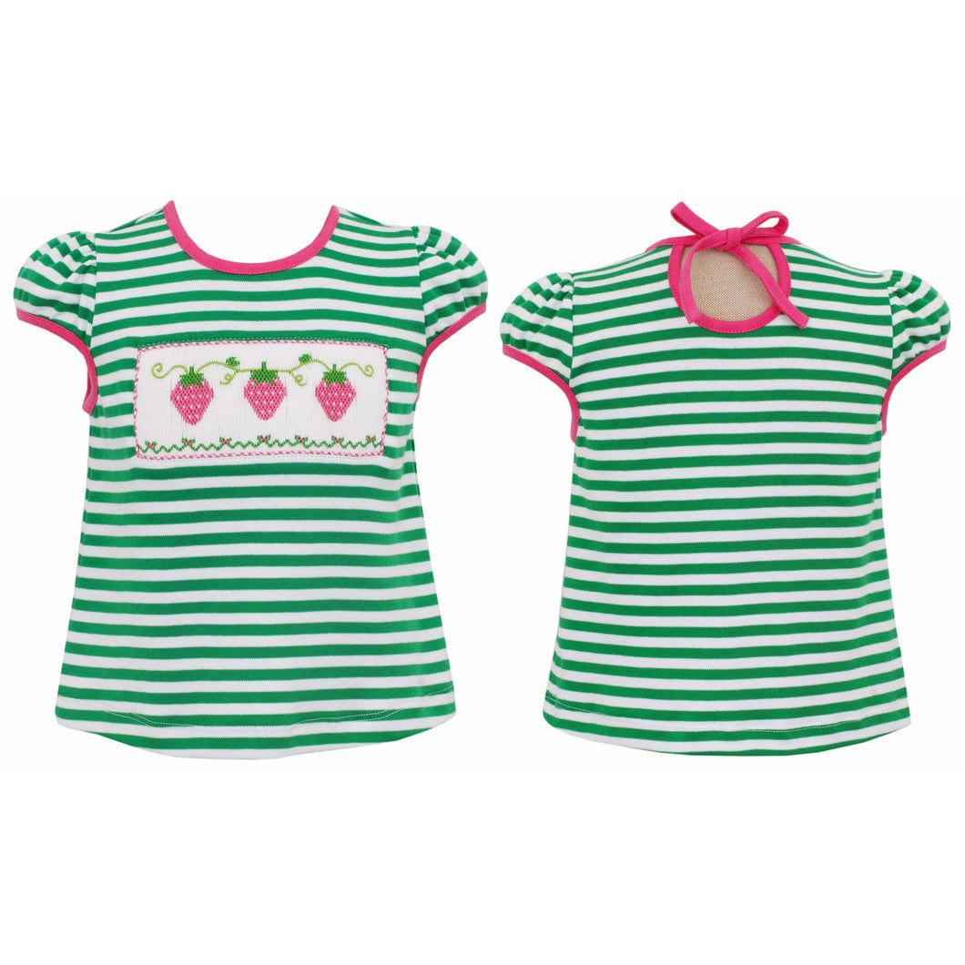 Strawberries Smocked Shirt- Green Stripe