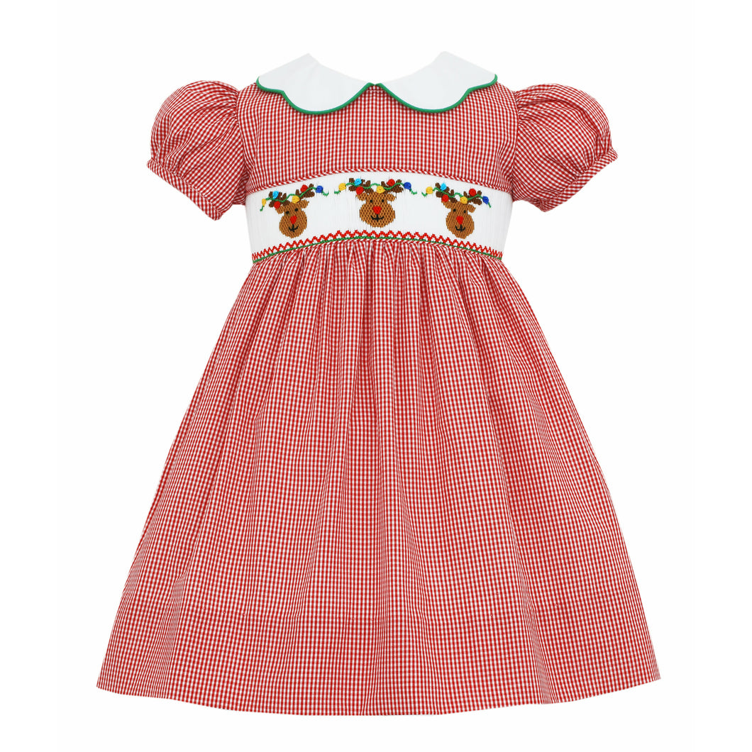 Reindeer Face Smocked Dress with Collar