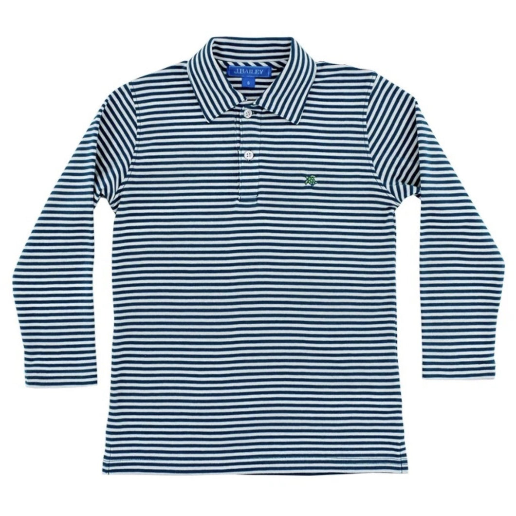 Long Sleeve Striped Polo- Teal/White