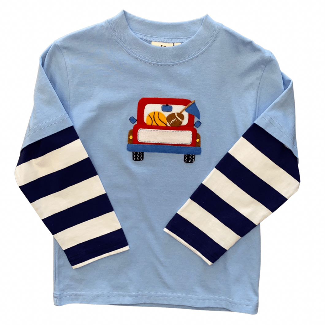 Sports Ball Pickup Truck T-Shirt - Sky Blue/ Dk. Royal/ White Stripe