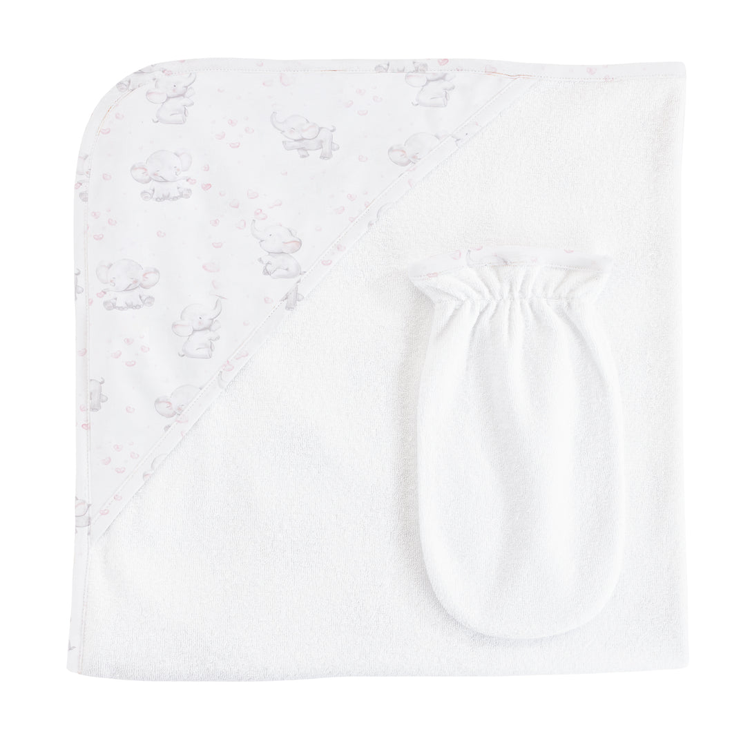 Bubbly Elephant Pink Hooded Towel w/ Mitt Set