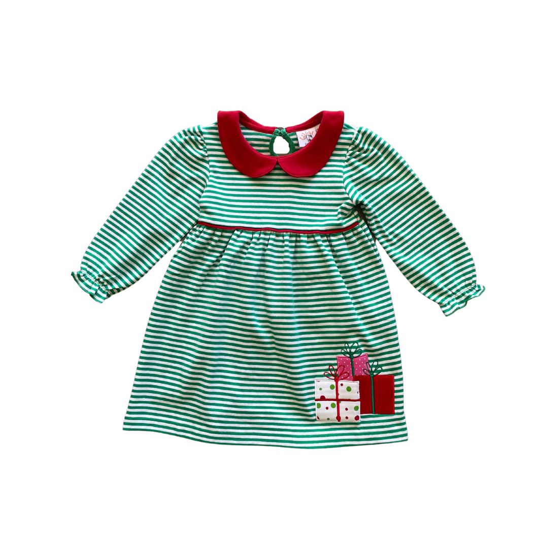 Gift Applique Dress - Green Stripe